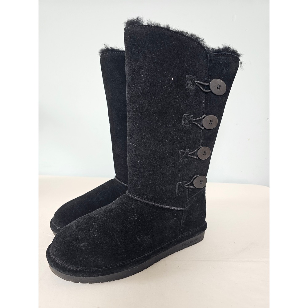 Winter Cozy Bearpaw Emma Toggle Tall Boots Women 8 Black Suede Faux Fur Lining